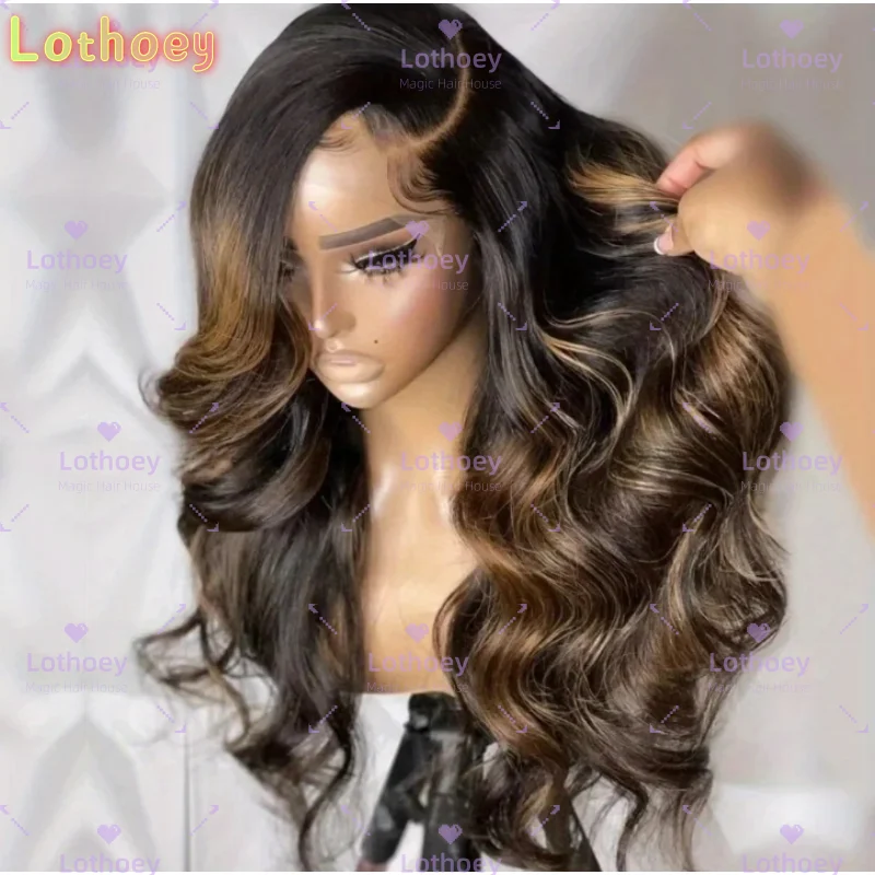 Glueless Brazilian Human Hair Wig - Dark Brown to Honey Blonde Ombre Lace Front with Natural Highlights, Body Wave Texture,Natur