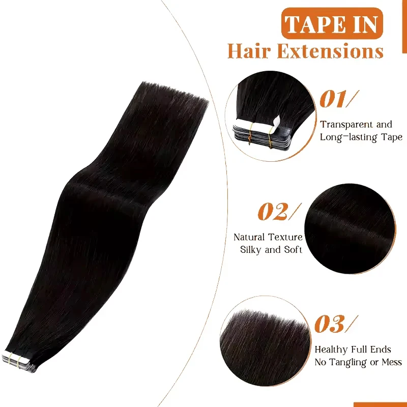 Tape In Hair Extensions 100% Remy Human Hair Natural Black Tape Ins Straight 16-26Inch 20piece Thick Hair Extensions #1B