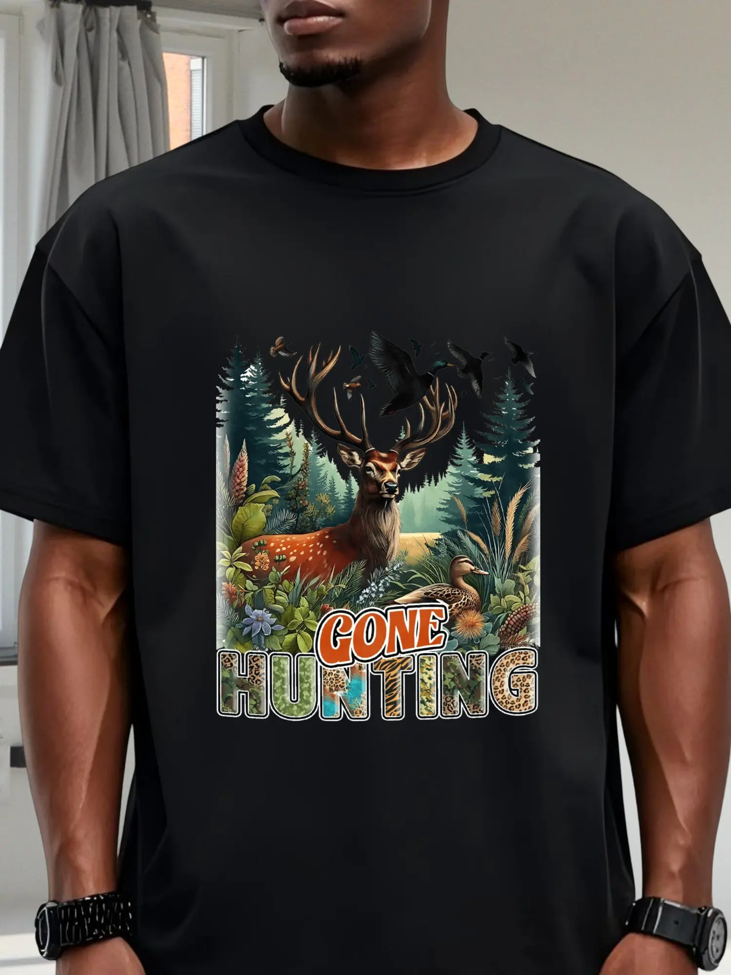 God Made A Dad Camo Deer Fishing Rod Graphic Tshirt Father’s Day Hunting Fisherman Black Daily Top