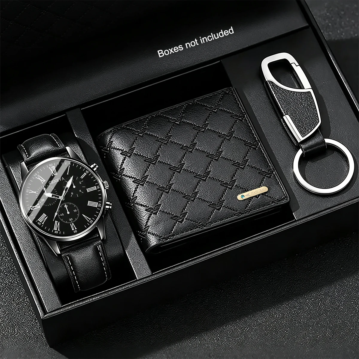 3-Piece Men's Business Leather Watch Set, Wallet + Keychain Accessories, the Best Gift for Father