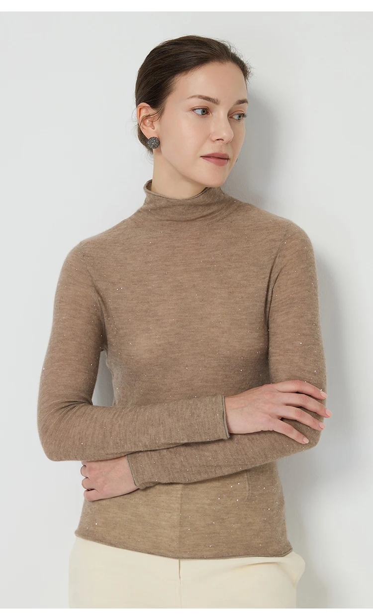 BY3521261 Damen Kaschmir-Mischgewebe Langarm-Strickshirt mit Stehkragen, Glitzergarn, Slim Fit, Leichtgewichtig, Herbstliches Alltags-Oberteil – Detail 8