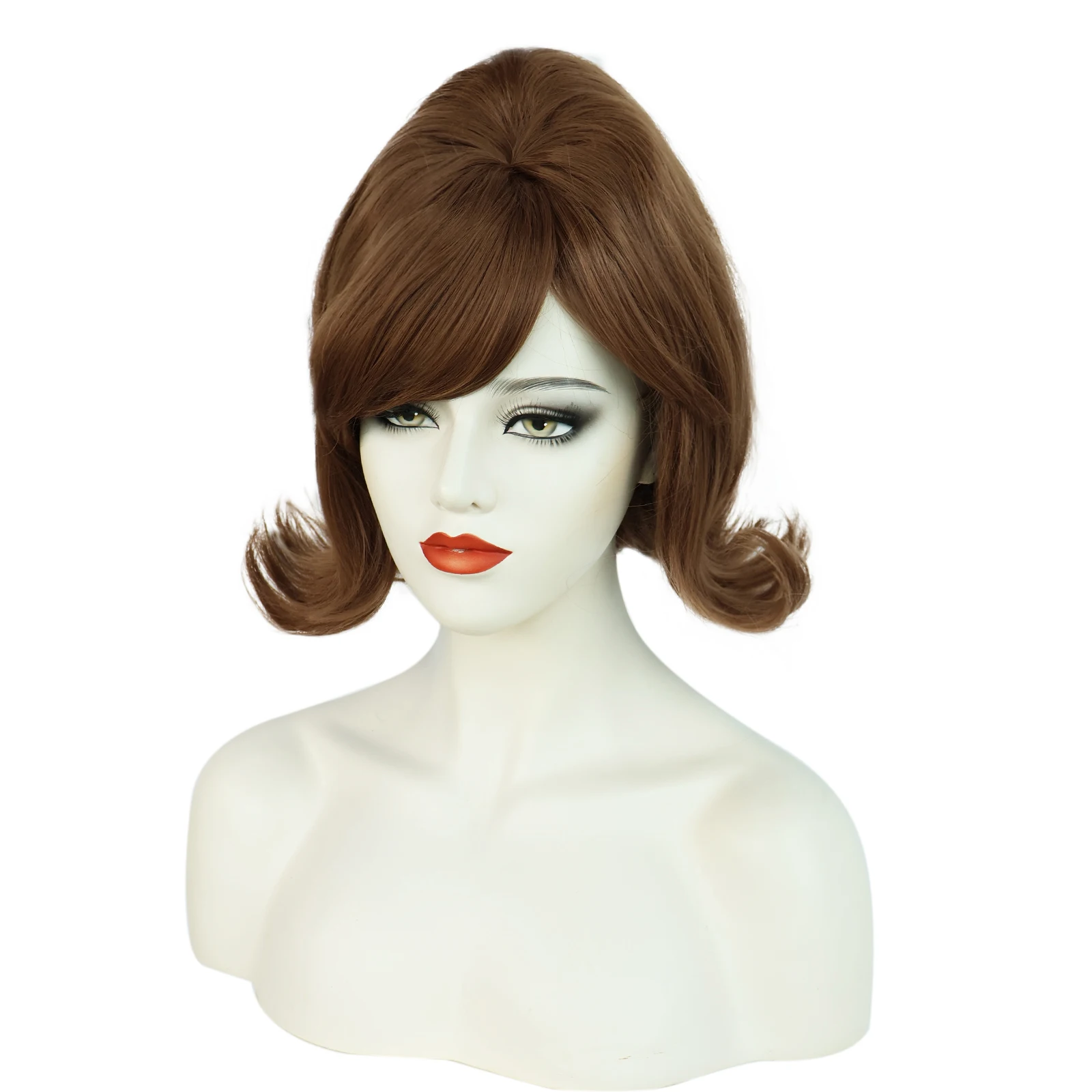 Synthetic Brown Womens 60s Retro Beehive Wigs, 70s Pinup Pelucas Short Flip Wig for Halloween Party Wig