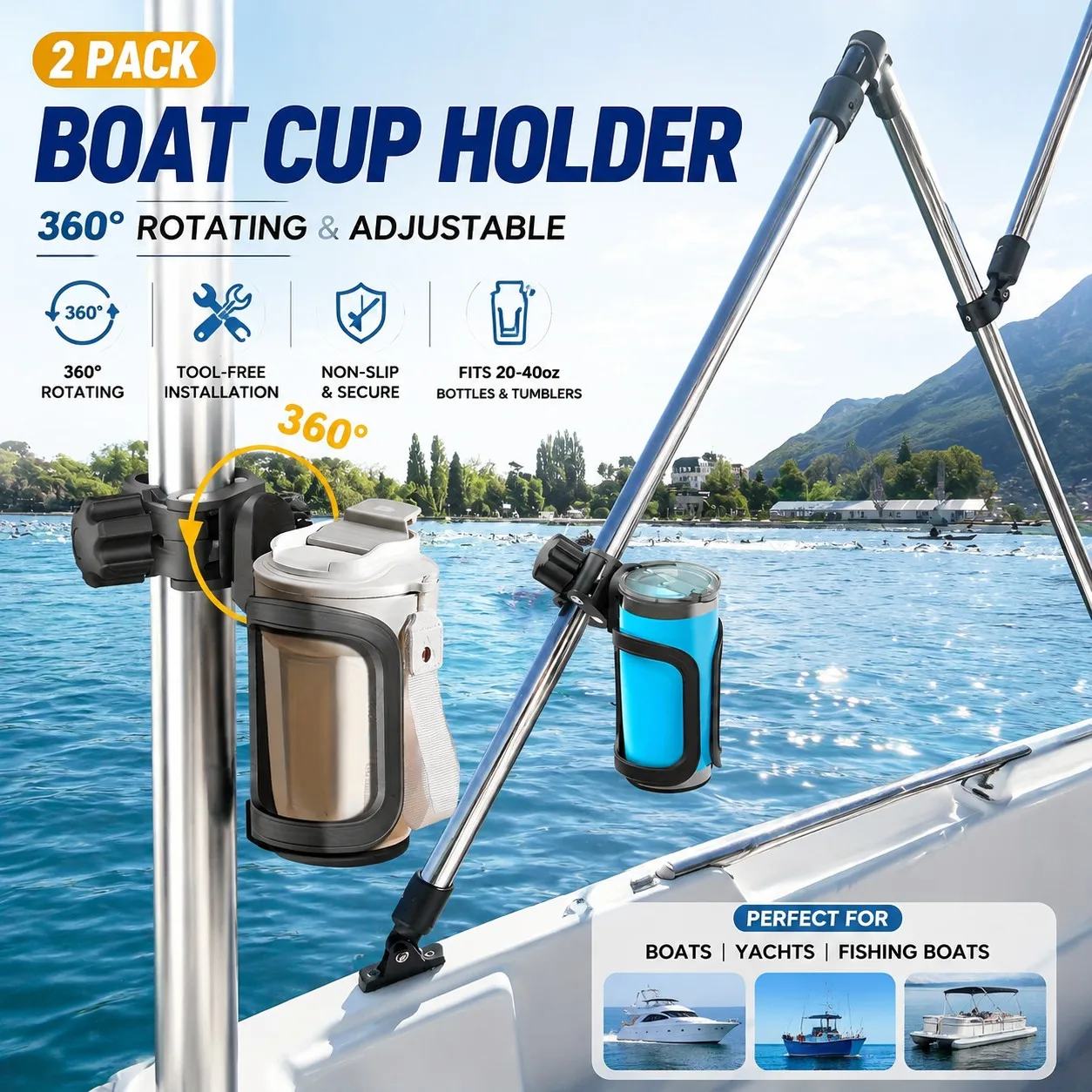 Marine Cup Holder 360 ° Rotating Adjustable Drink Holder with Swivel Arm Design, Tool-Free Clip-On Installation, Non-Slip and Stable Cup Holder, Suitable for 20-40oz Water Bottles and Thermos Cups, Universal Accessory