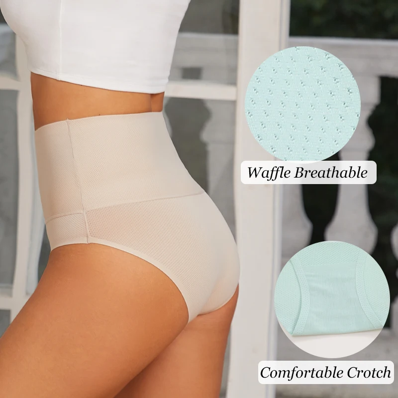 High Waist Seamless Flat Belly Underwear for Women Female Abdominal Waffle Panties Hip Lift Briefs Breathable Shaperwear S-XXL