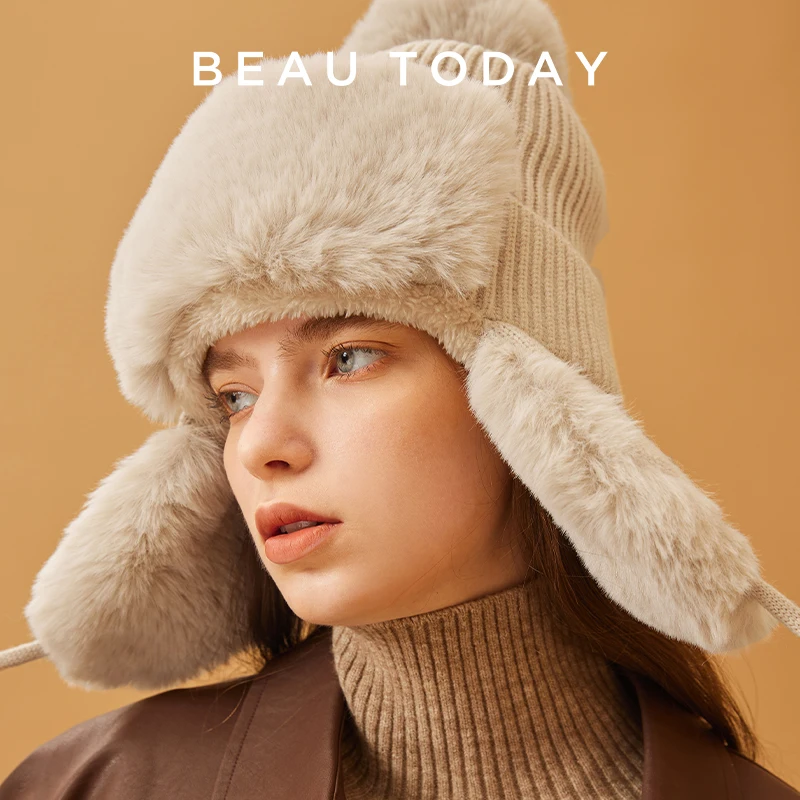 

BeauToday Winter Hat Women Faux Fur Knitted With Adjustable Earflaps Pompom Warm Ear Protection Outdoor Beanies 96501