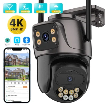 야외 무선 보안 IP 카메라 4K 8MP HD 듀얼 렌즈 외부 Wifi PTZ 카메라 자동 추적 거리 감시 카메라 iCsee