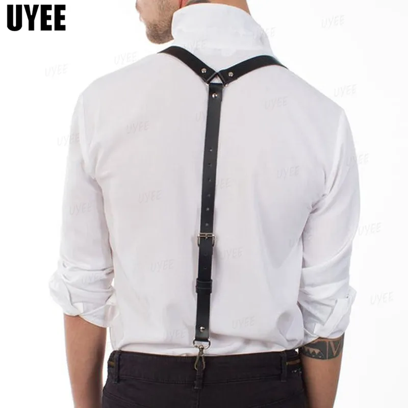 UYEE-Tirantes de cuero PU negro para hombre, liguero gótico ajustable, 3 Clips, Brace Rave Otfit Rock