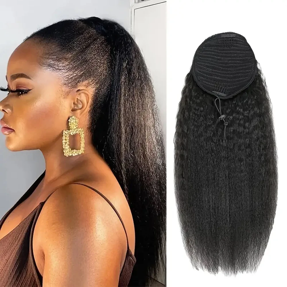 26 Inches Kinky Straight Ponytail Extension 100% Human Drawstring Ponytail Brazilian Remy For Women Natural Black Color