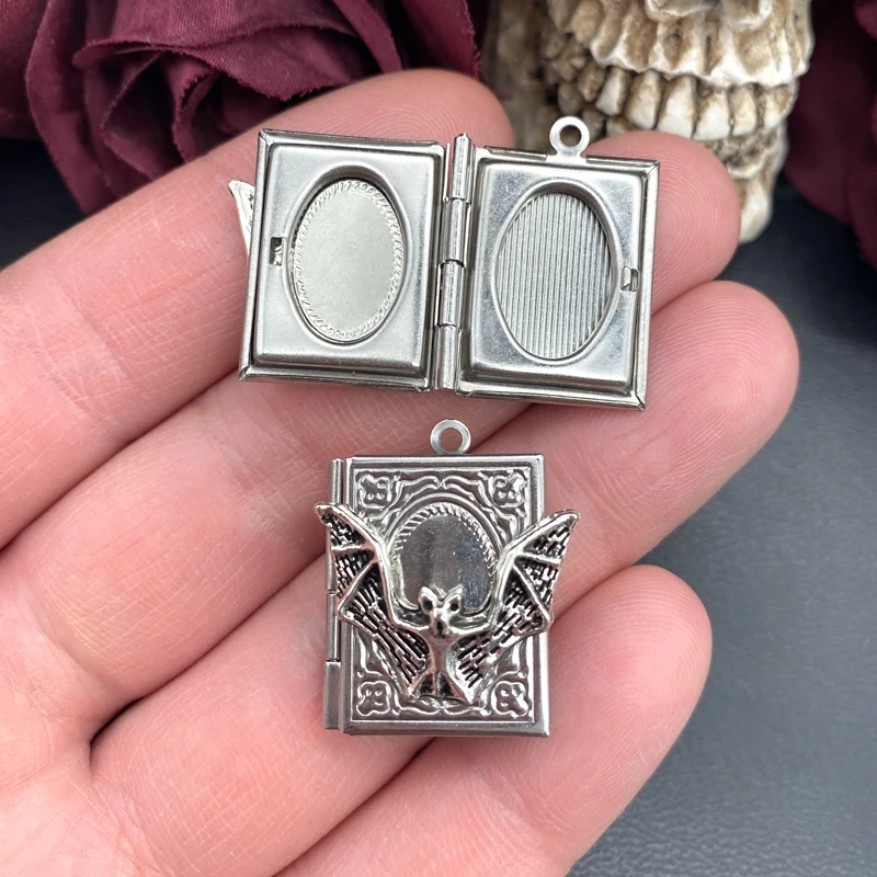 2pcs 27*22mm Bat Book Locket Charms Stainless Steel  Photo Frame Pendant Designer Charms For Jewelry Making DIY Jewelry Findings