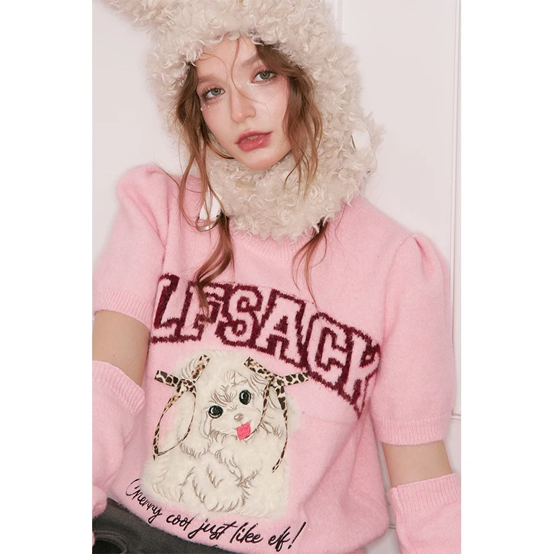 ELFSACK Y2K Suéter de manga corta con bordado de letras gráficas de animales dulces y fundas de manga para mujer