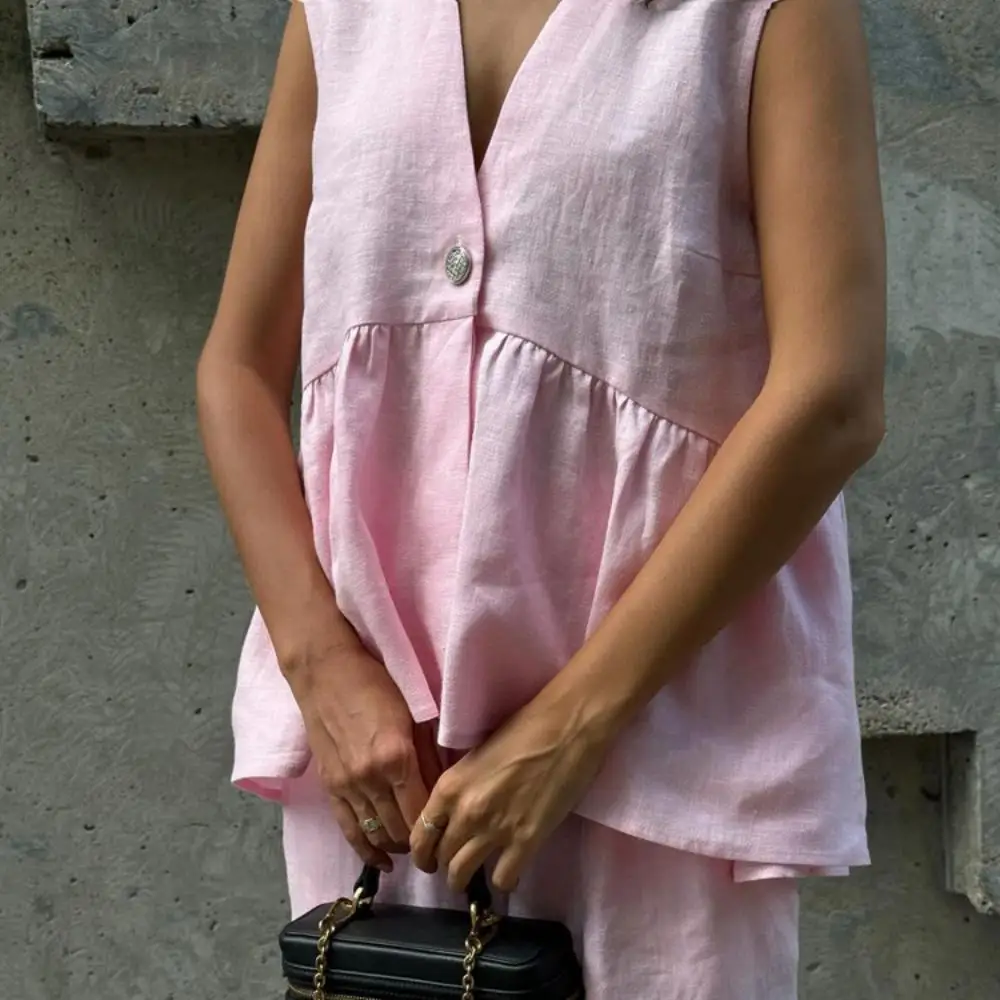 المرأة فضفاضة الوردي 2 قطعة مجموعات الخامس الرقبة أكمام تانك الأعلى عالية الخصر السراويل واسعة دعوى الصلبة أنيقة عارضة مكتب سيدة وتتسابق