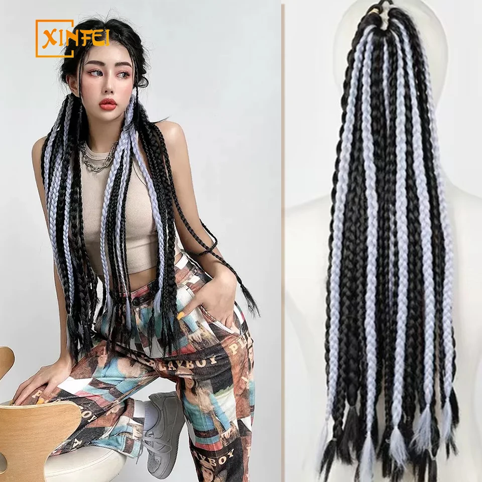 Synthetic Braids Wigs Long Hair For Women Color Pigtails Hip Hop Twist Gradient Ethnic Style Three-strand Dirty Braids Ponytail