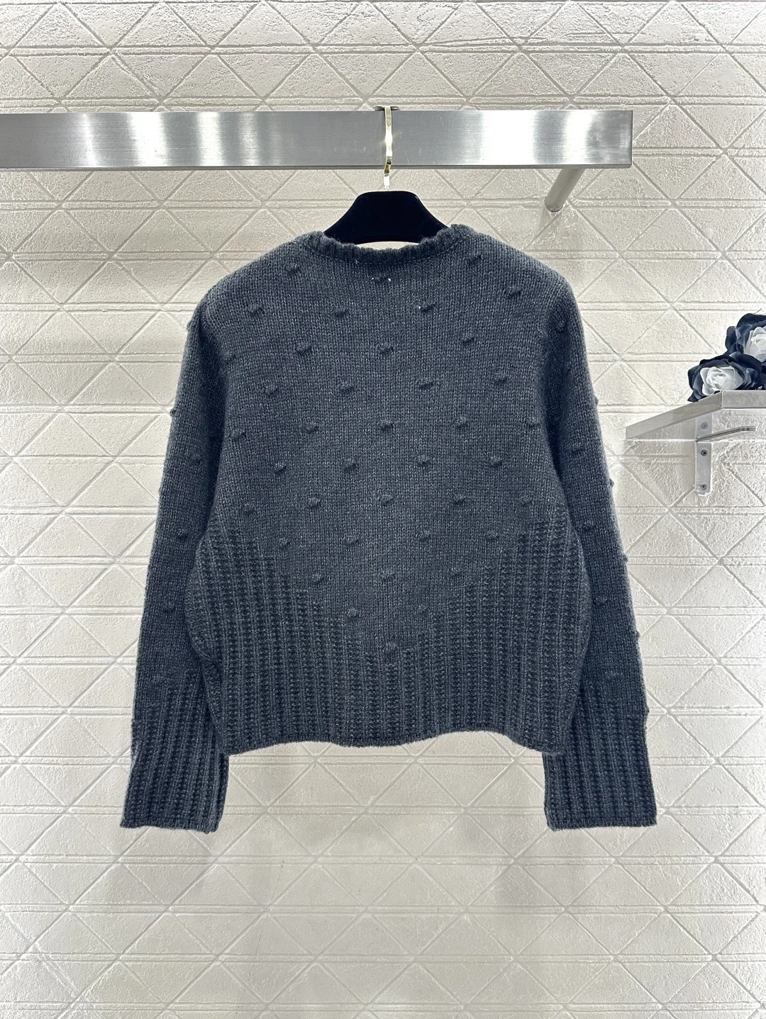 

Women's new floral round neck knitted cardigan with wavy lace at the collar, threaded cuffs, and edge wrapped cardigan sweater