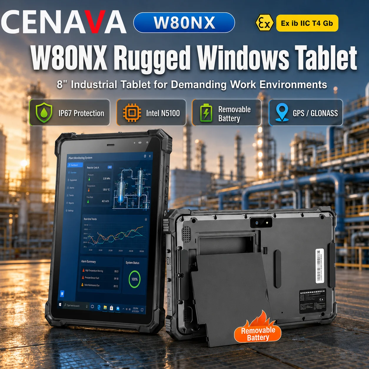 CENAVA W80NX 8'' Rugged Windows Tablet N5100 IP67 Removable Battery GPS Industrial Tablet  Field Inspection and Plant Monitoring