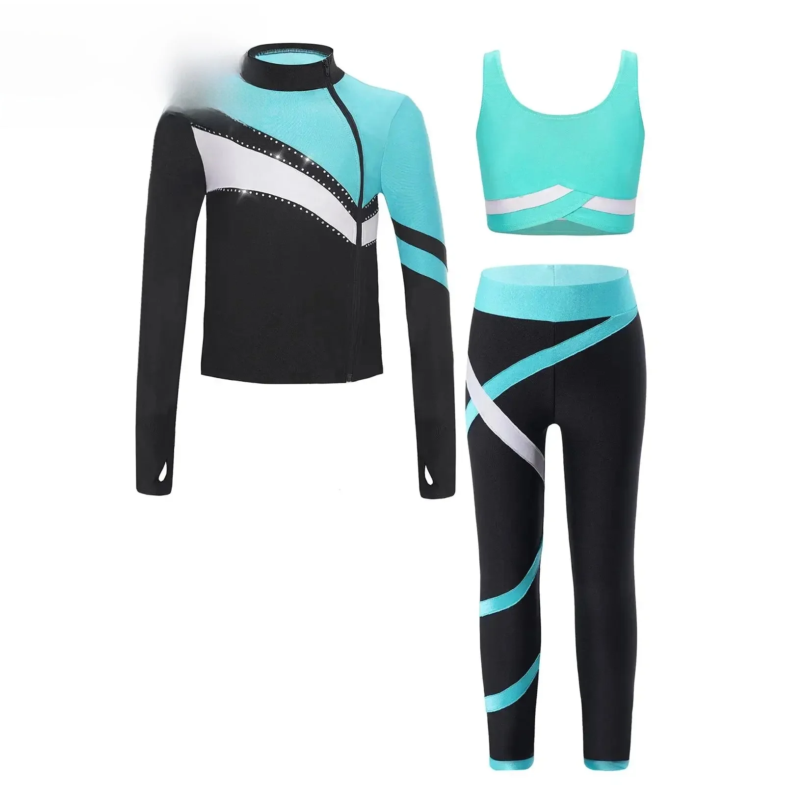 Dziecięce dziewczęce stroje gimnastyczne Colorblock trening zestaw sportowy do jogi bluza kamizelka Top legginsy do łyżwiarstwa figurowego dresy sportowe — zdjęcie 2