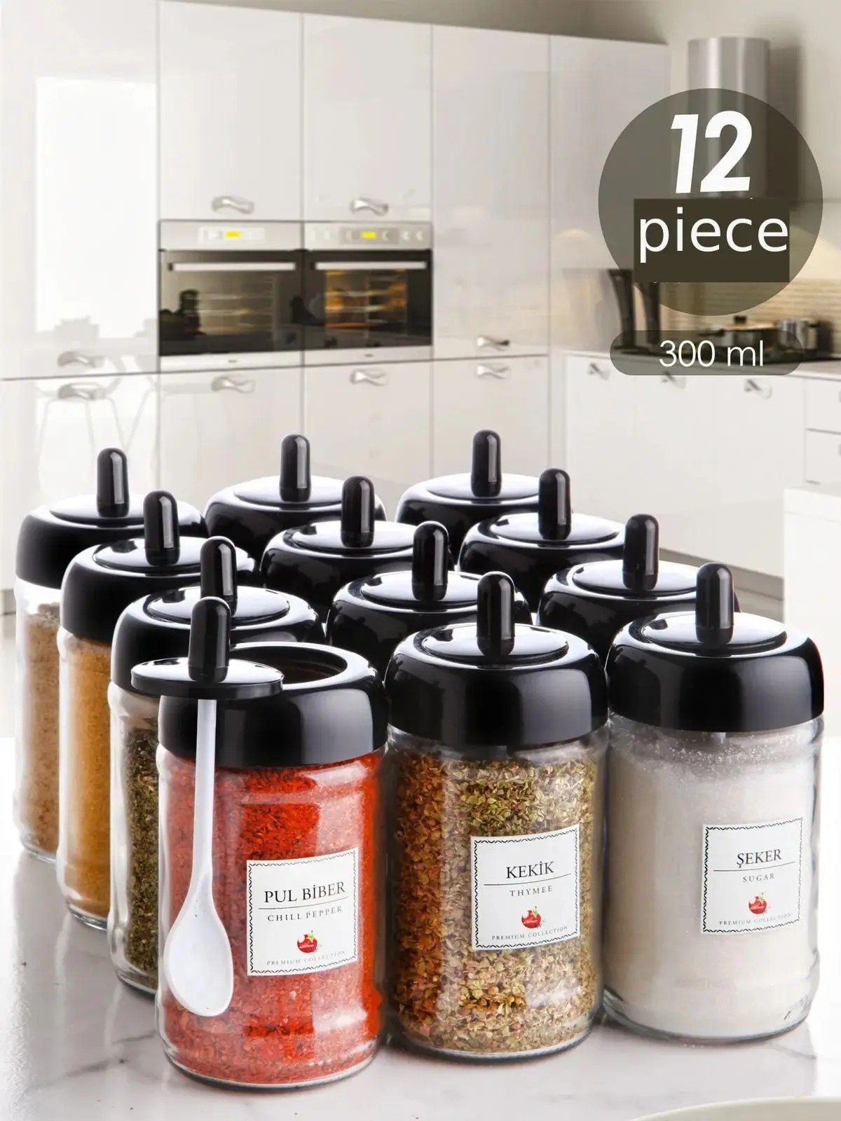 Spice Set with 12 Lids, Self Spoon and Label 300 ml Glass Spice Set with Gold Label