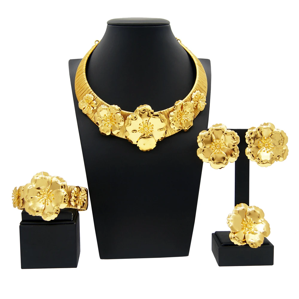 

Jewelry Set For Women 24k Gold Plated Luxury Christmas Party Earrings Ring Accessories Flower Necklace Bracelet Free Shipping