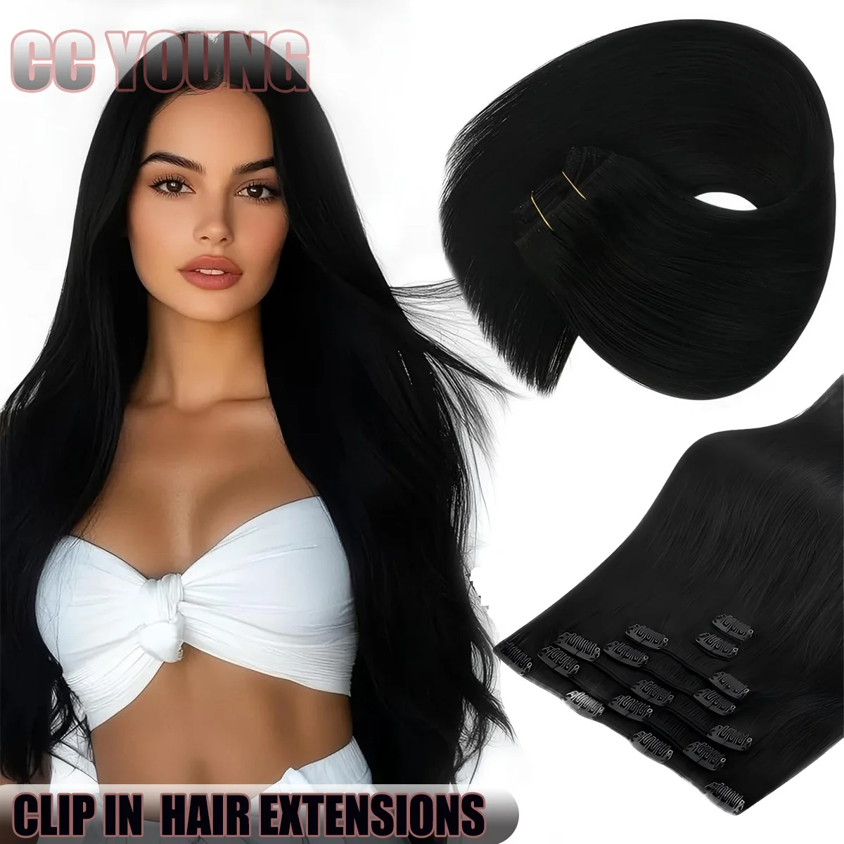 

100% Human Hair Clip in Hair Extensions Jet Black Remy Hair Clip ins Hair Extensions for Women Add Hair Volume/Length/Highlight