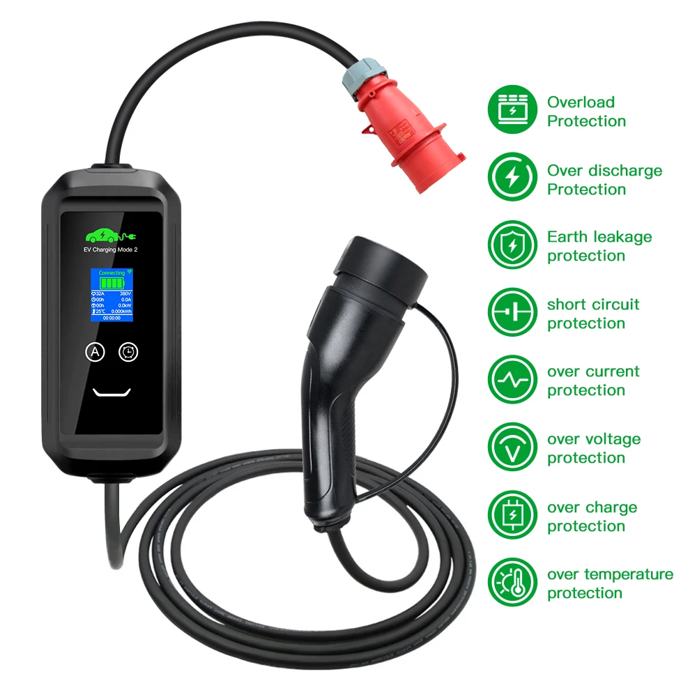 Portable EV Charger Type2 Cable 22KW 32A 3Phase EVSE Wallbox Wi-Fi APP Smart Fast Charging Station for Electric Vehicle