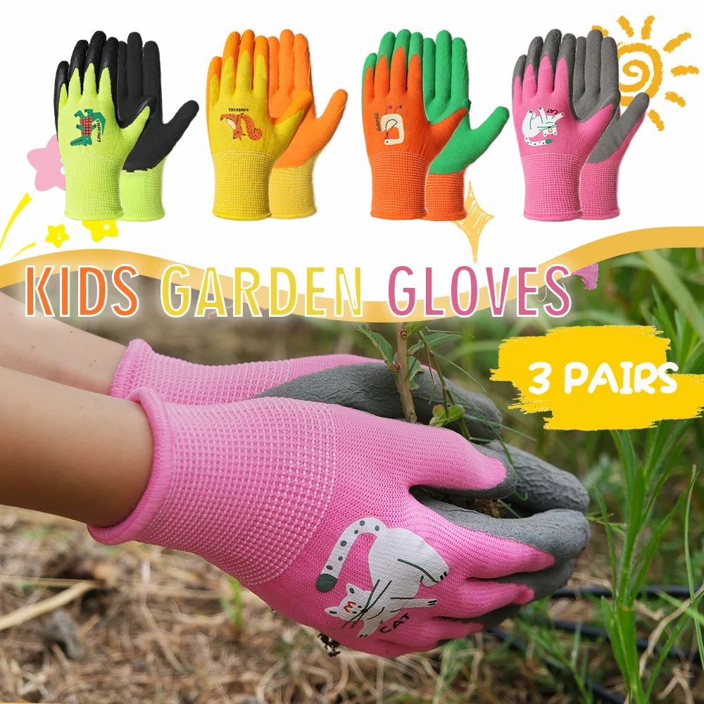 

3 Pairs Kids Gardening Gloves Latex Coated Children Garden Work Gloves for Planting Cleaning Outdoor Tools