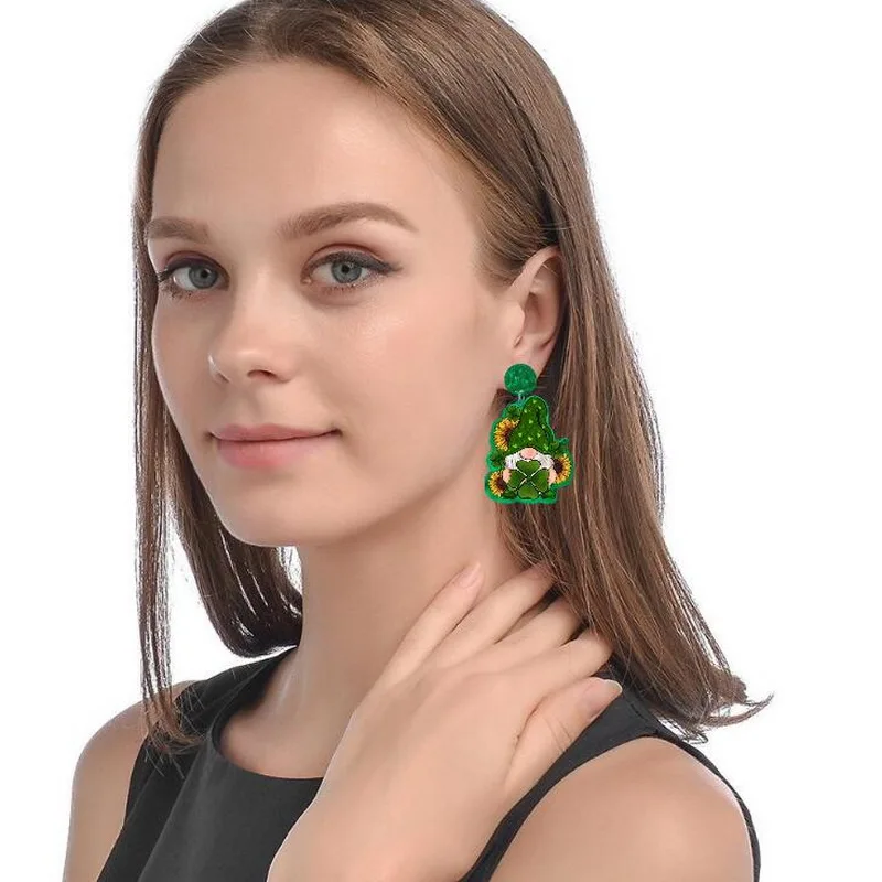 St Patricks Day Leaf Clover Lucky Shamrock Sunflowers Gnome on Truck Video Game Rainbow Charm Earrings