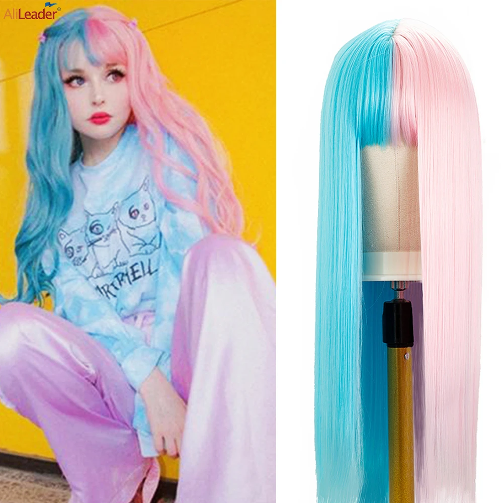 

Long Straight Hair Wig with Bangs Synthetic Half Blue Half Pink Two Tone Wigs Fashion Cosplay Split Color Wig for Women