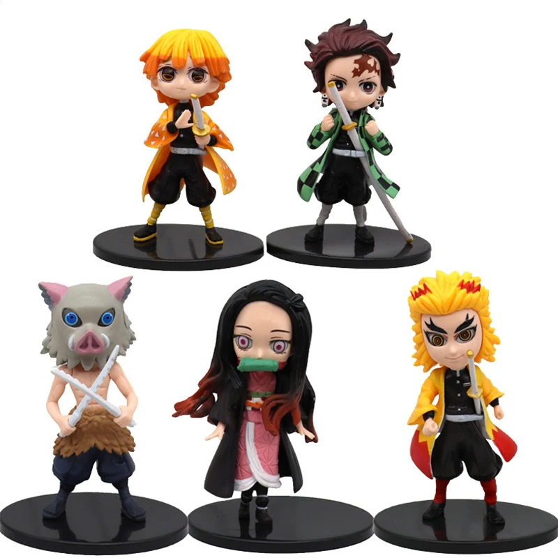 5PCS Anime Demon Slayer Figure Nezuko Tanjirou Zenitsu Inosuke Kyoujurou Giyuu Kawaii Qposket Figural PVC Model Toy Collect Gift