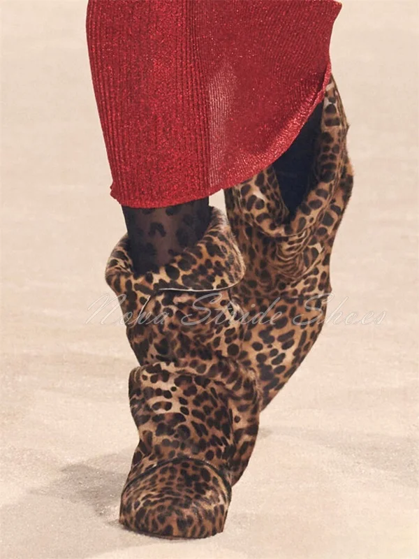 

Leopard Print Cuffed Horsehair Ankle Boots Women's Pointed Toe Stacked Heel Fashion Casual Party Comfortable Short Boots