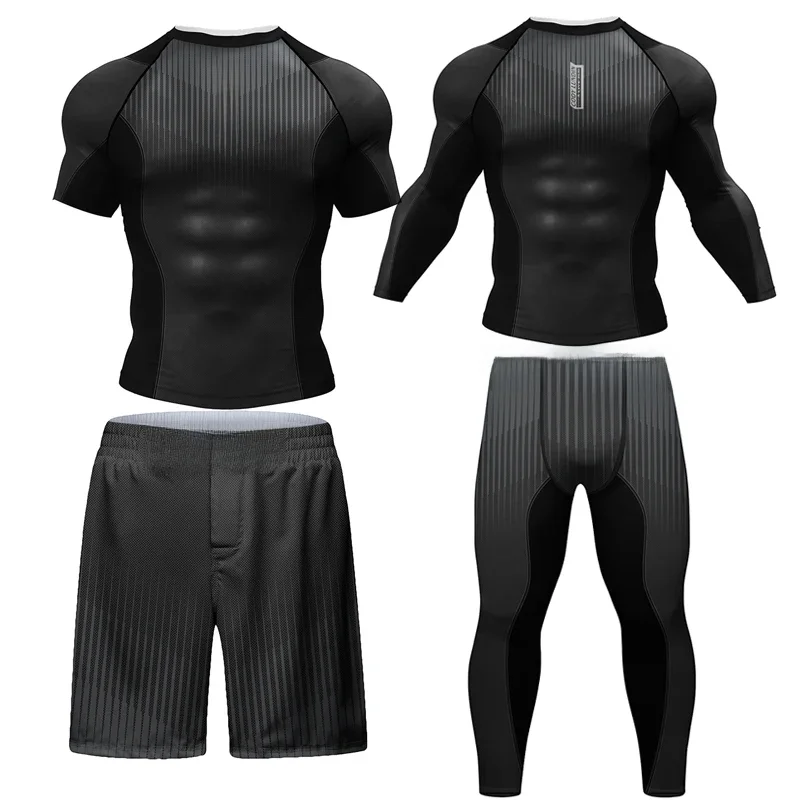 Kickboxing Rashguard Jiu Jitsu MMA T-shirt +Pant Set Men Grappling Bjj Gi Boxing Rash Guard Sport Clothing Gym Muay Thai Shorts — zdjęcie 2