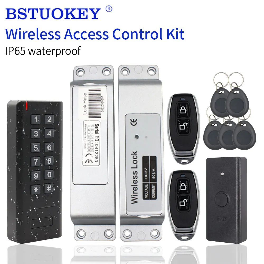 

Battery Powered Wiring Free Access Control Set Wireless RFID Smart Door Lock Kit With Keypad Lock Exit Button Remote Transmitter