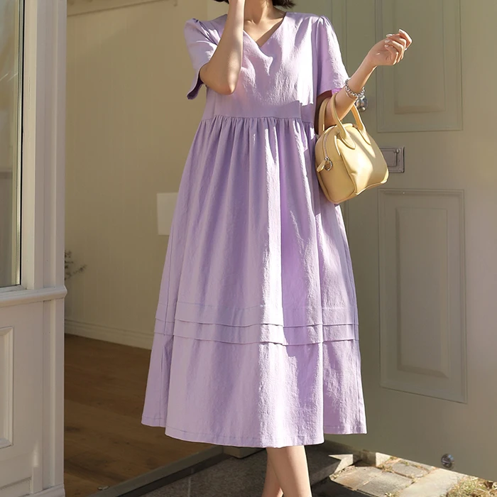 V-neck glass suspended pleat linen long dress FREE fast shipping