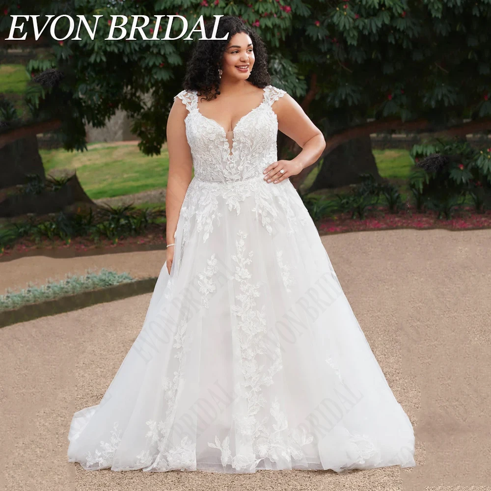 EVON BRIDAL Plus Size Cap Mouwen Bruidsjurken Applique A-Lijn Backless Tule Bruidsjurken CustomEVON BRIDAL Plus Size Cap Mouwen Trouwjurken Applique A-Line Backless Tulle Bruidsjurken op maat gemaakte Vestidos De Novia