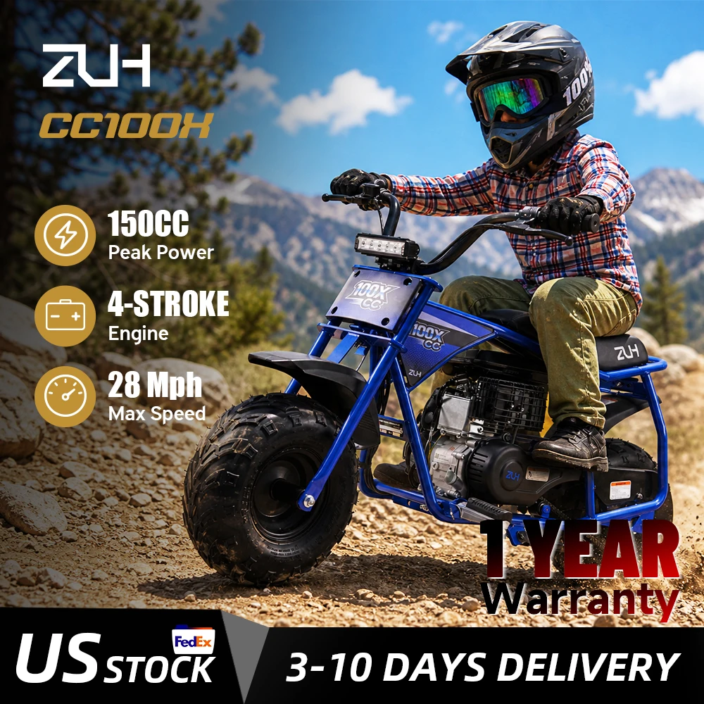 ZUH CC100X Mini Dirt Bike, 105CC 4-Stroke Gas Trail Bike, 3.5HP Up to 28 MPH, Auto Pull Start, Safety Lock Button, Front Headlight, Harley-Inspired Mini Cruiser for Kids & Adults