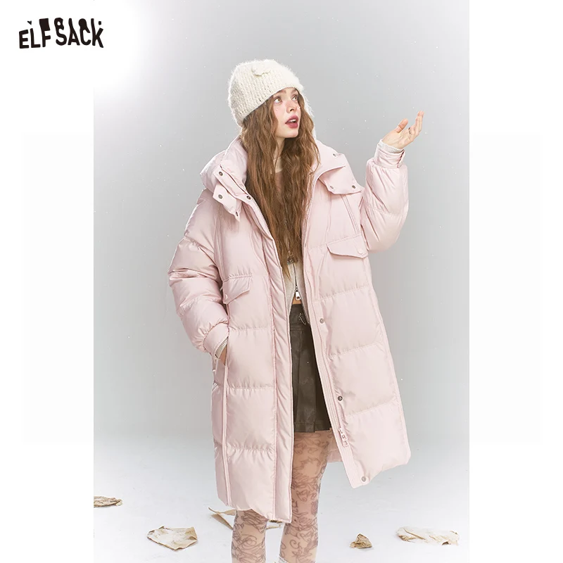 ELFSACK 2024 Winter New Arrivals Sweet Preppy style hooded down jacket for women long warm thick coat