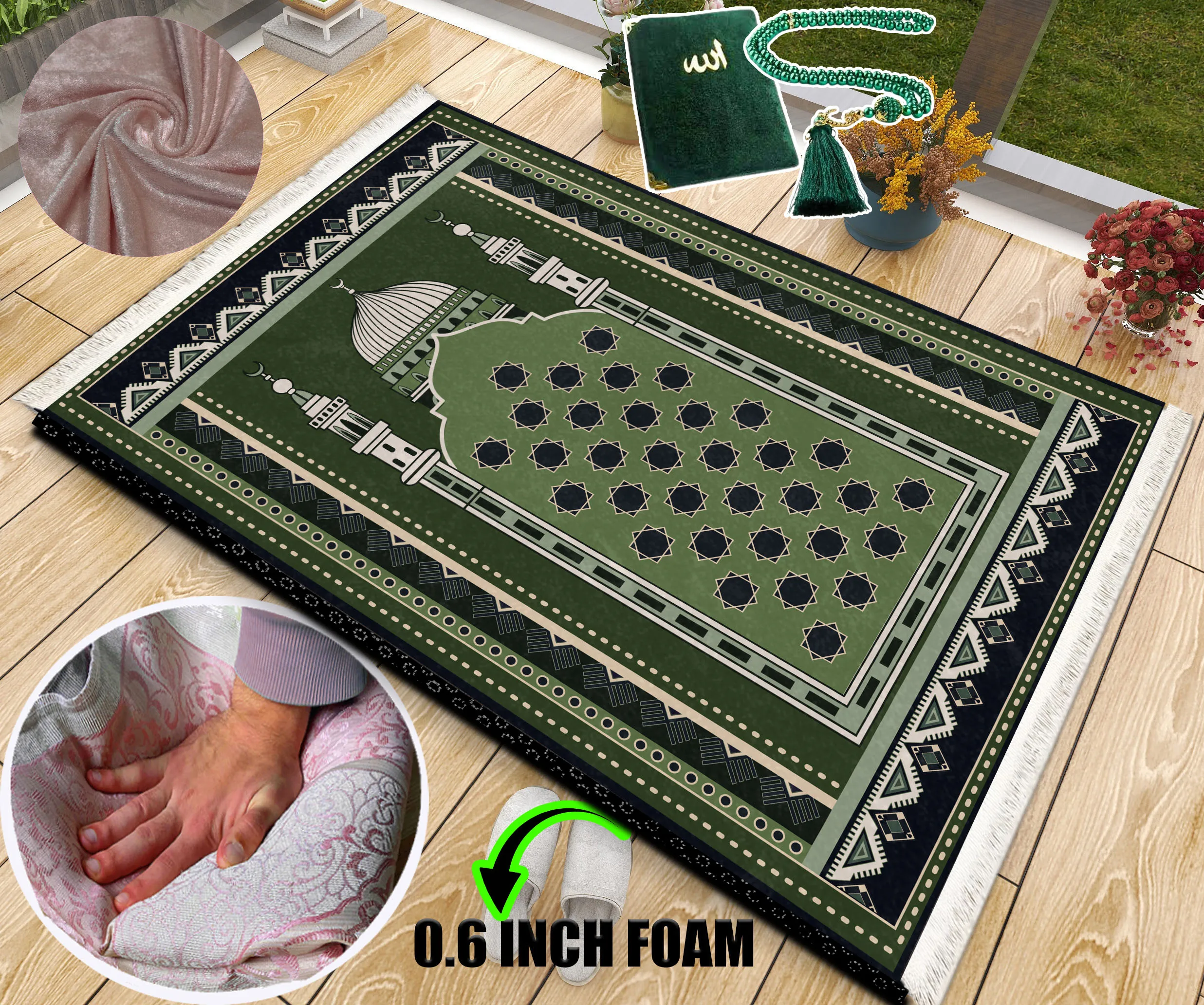 

Extra Thick Foam Padded Green Mosque Turkish Prayer Rug With Luxury Yaseen, Soft Praying Mat Carpet & Pearl Tasbeeh, İslamic