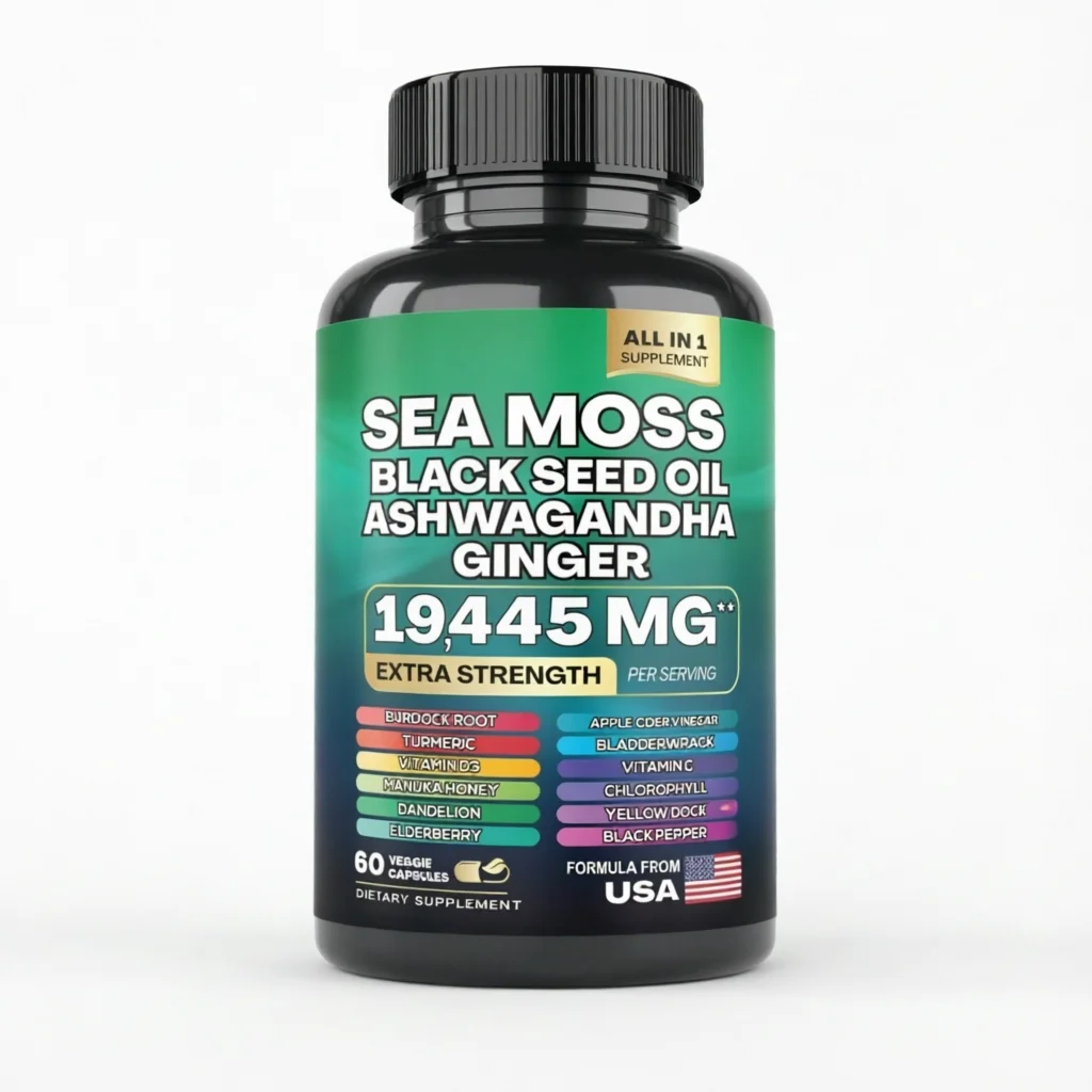 Sea Moss Black Seed Oil Ashwagandha Ginger Capsules - Turmeric Bladderwrack Burdock Vitamin C D3 Elderberry Manuka Dandelion Yellow Dock Iodine Chlorophyll ACV Supplement