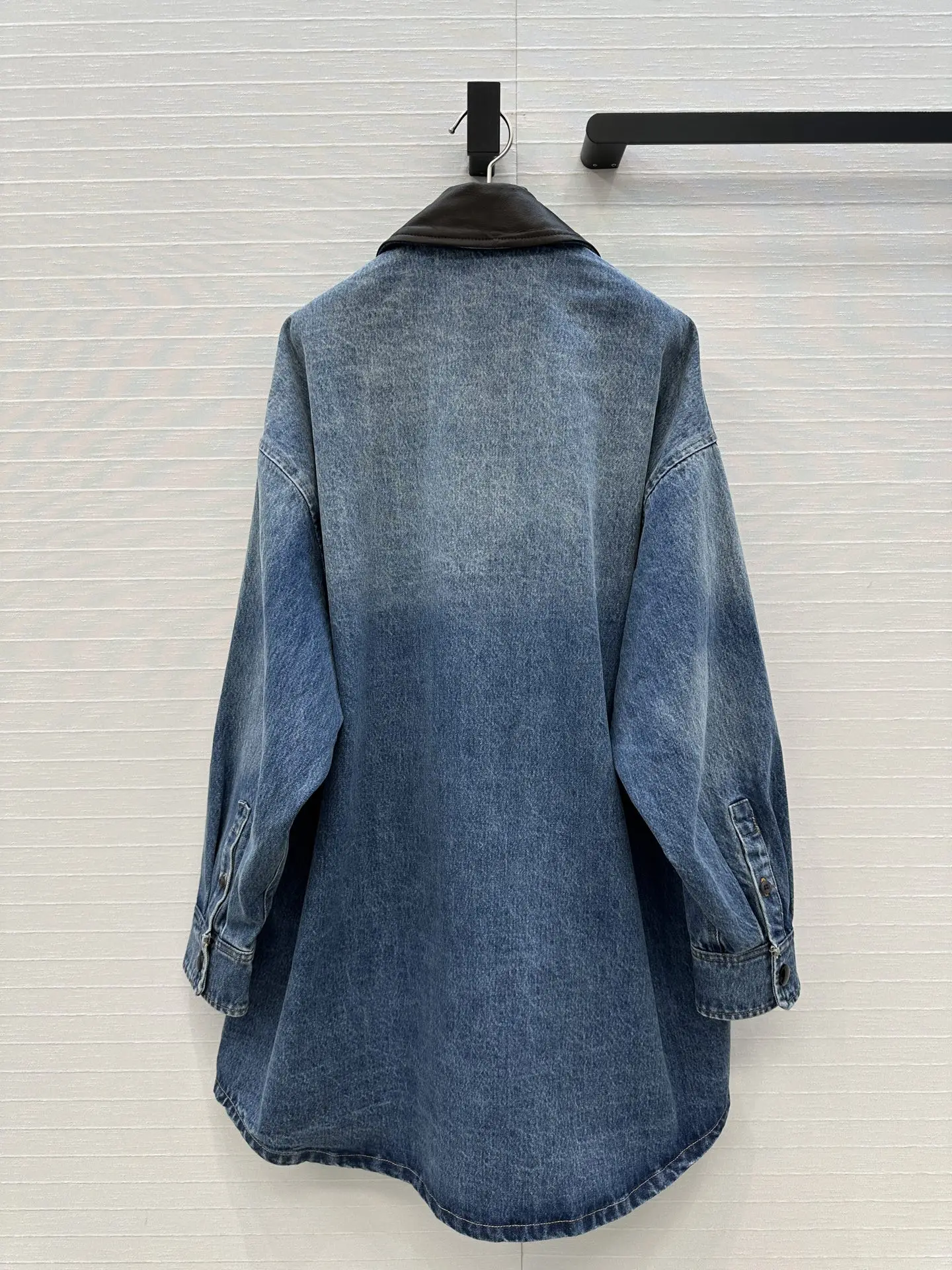 

New Autumn And Winter Women's Leather Patchwork Lapel Long Denim Jacket