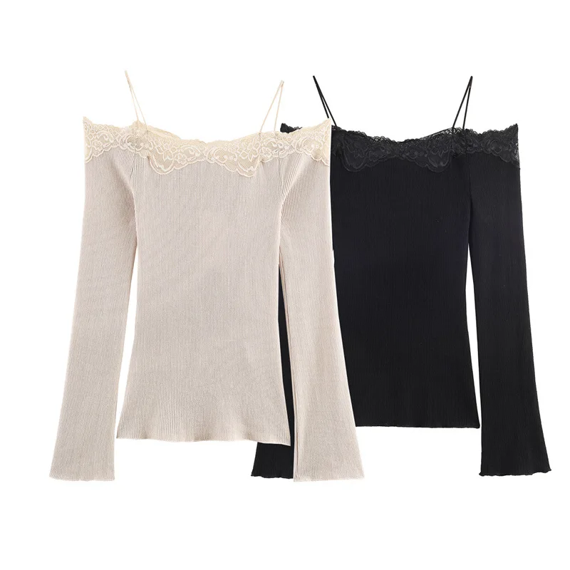 

Весенне-осенний вязаный свитер с открытыми плечами для женщин, облегающий пуловер с длинным рукавом, эластичный трикотажный топ для дам