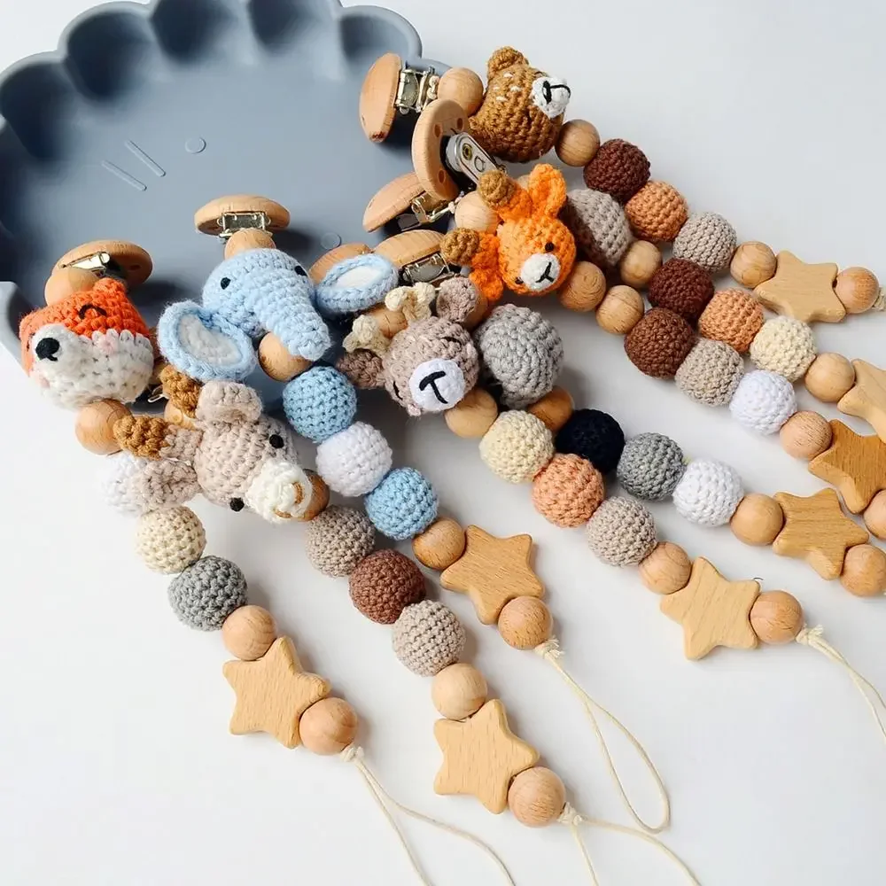 Baby Houten Fopspeen Clip Hout Gehaakt Cartoon Tandjes Fopspeen Ketting Voor Bpa Vrije Verpleging Kauw Speelgoed Baby Dummy Houder Ketting - afbeelding 2