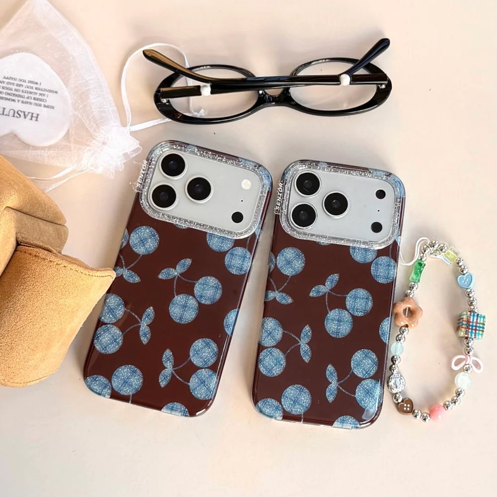 

Cute glitter plaid blue cherry phone case,suitable for iPhone13/14/15/16/17 ProMax, Fundans 17Pro new shockproof protective case