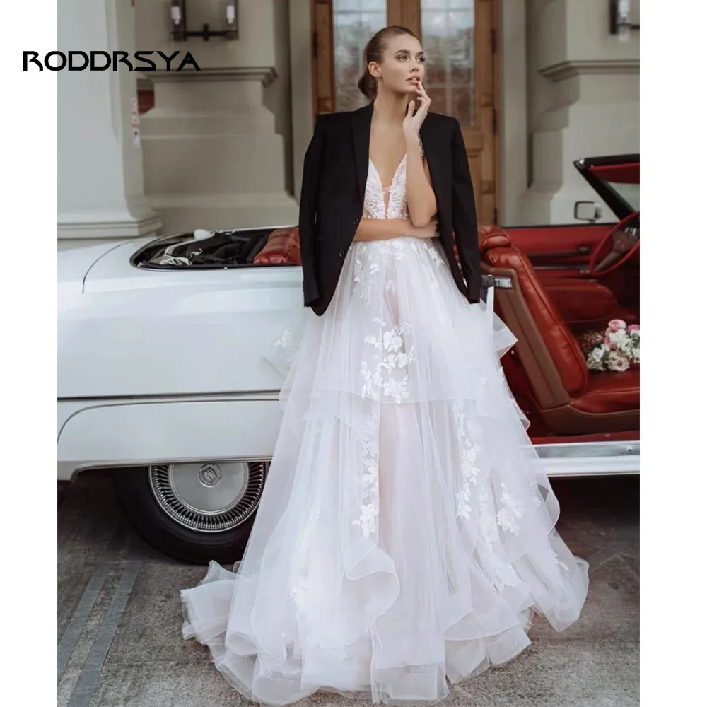 Roddrsya boho vestido de casamento elegante para mulher 2023 decote em v apliques sem costas criss-cruz vestidos de novia feito sob encomenda vestidos femininos frete gratis vestido de noiva vestido feminino