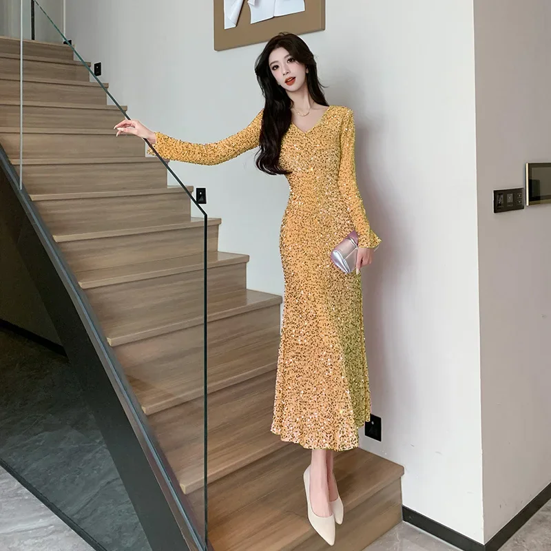 Party Dress Women Sexy V Neck Long Sleeve Dresses Slim Elegant Ladies Night Club Party Fishtail Dress Vestidos