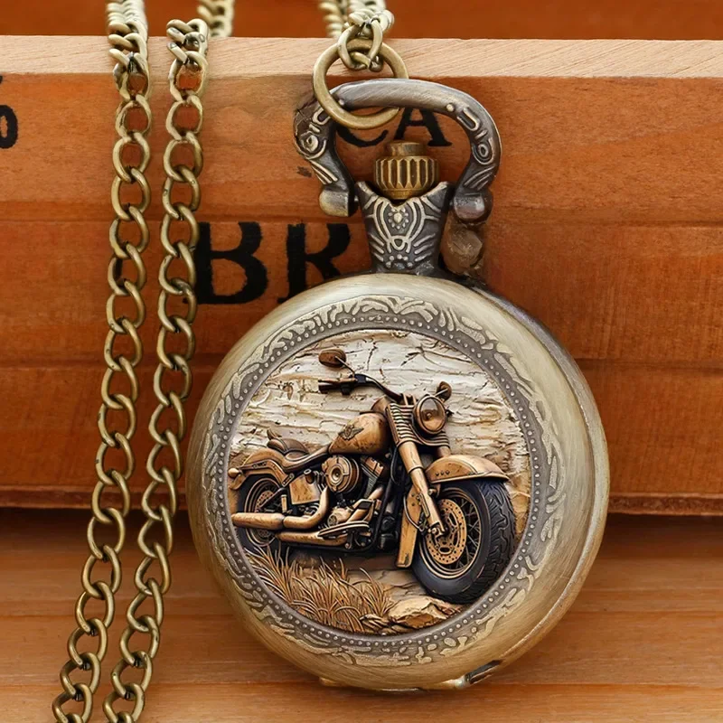 Kreatywny Vintage motocyklowy zegarek kieszonkowy wykwintny zegar z łańcuszkiem naszyjnikowym Retro brązowy kowbojski Masculino Relogio najlepszy prezent — zdjęcie 2