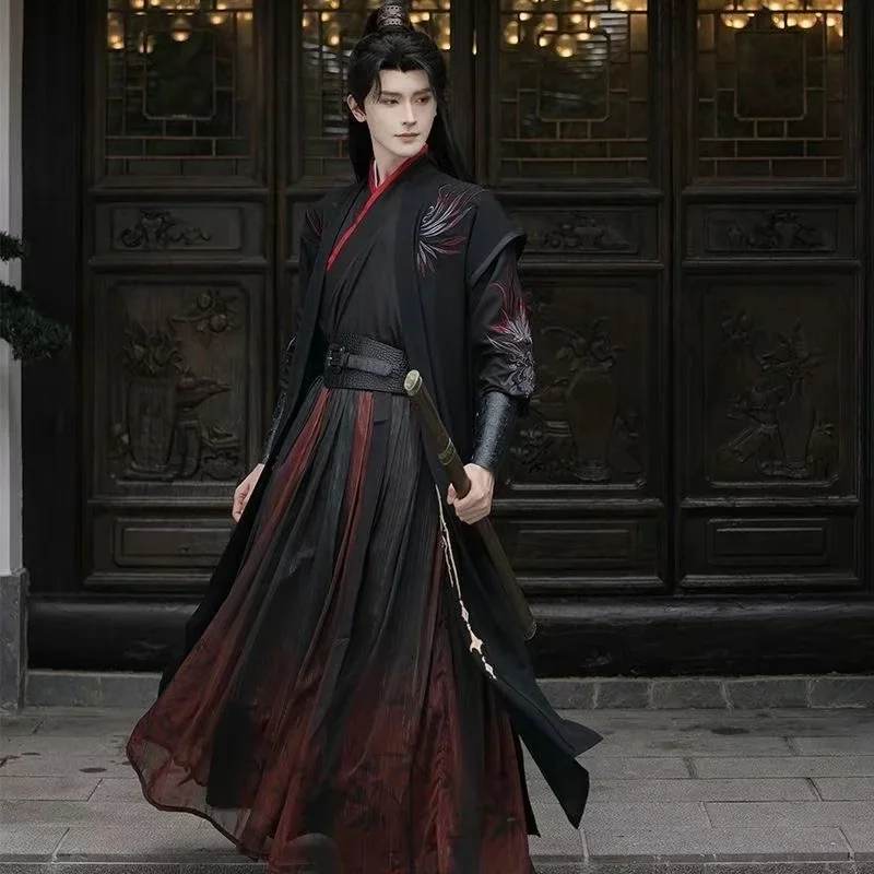 Originele Zwart Rood Hanfu Jurk Heren Traditioneel Borduren Kruis Kraag Kostuum Vintage Nacht Zwaardvechter Cosplay Kleding Niche - afbeelding 2