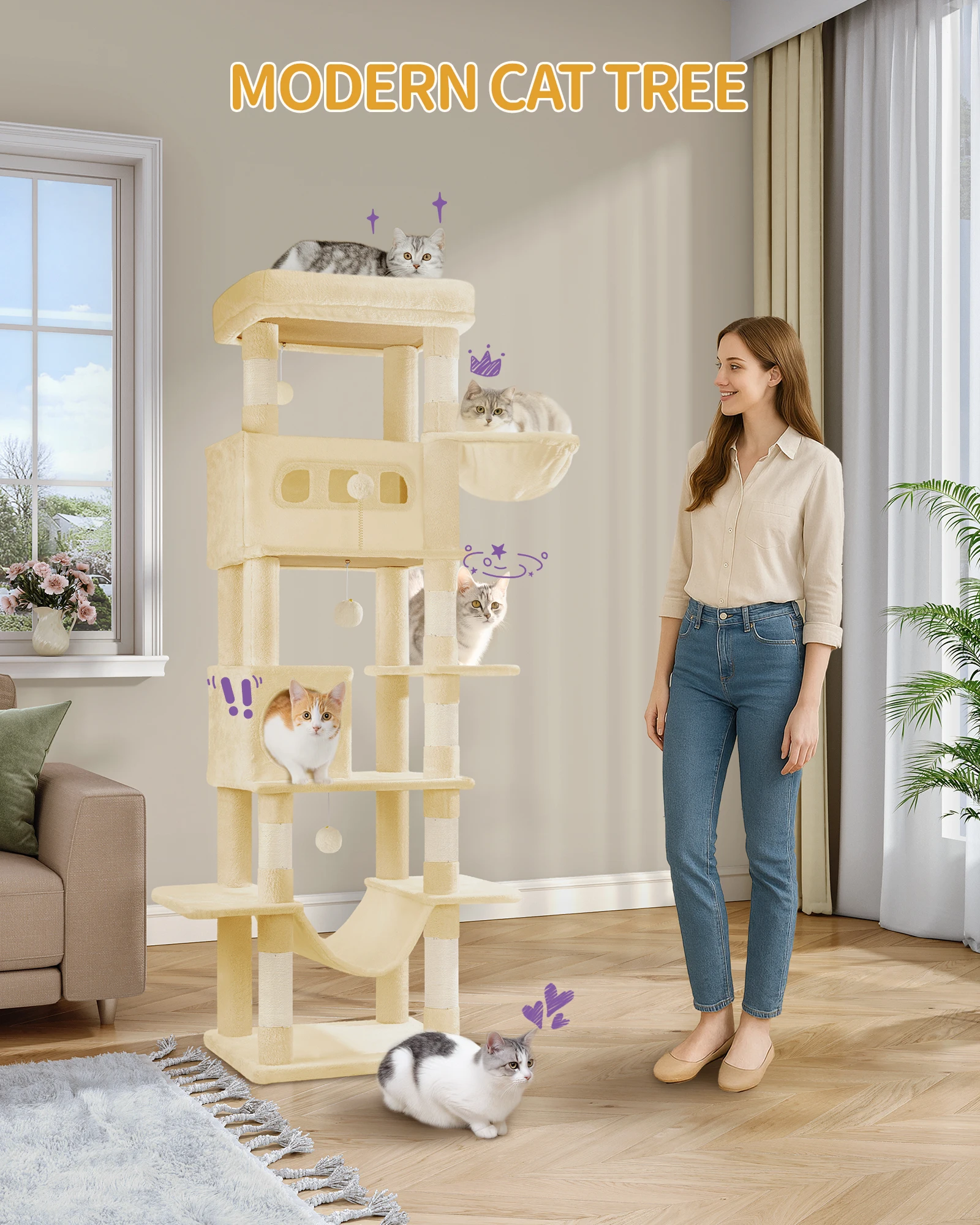 Hzuaneri 170 cm Large Cat Tree, Cat Tower for Maine Cat, Multi-Level Scratching Post with Large Perch, Washable Mat 3