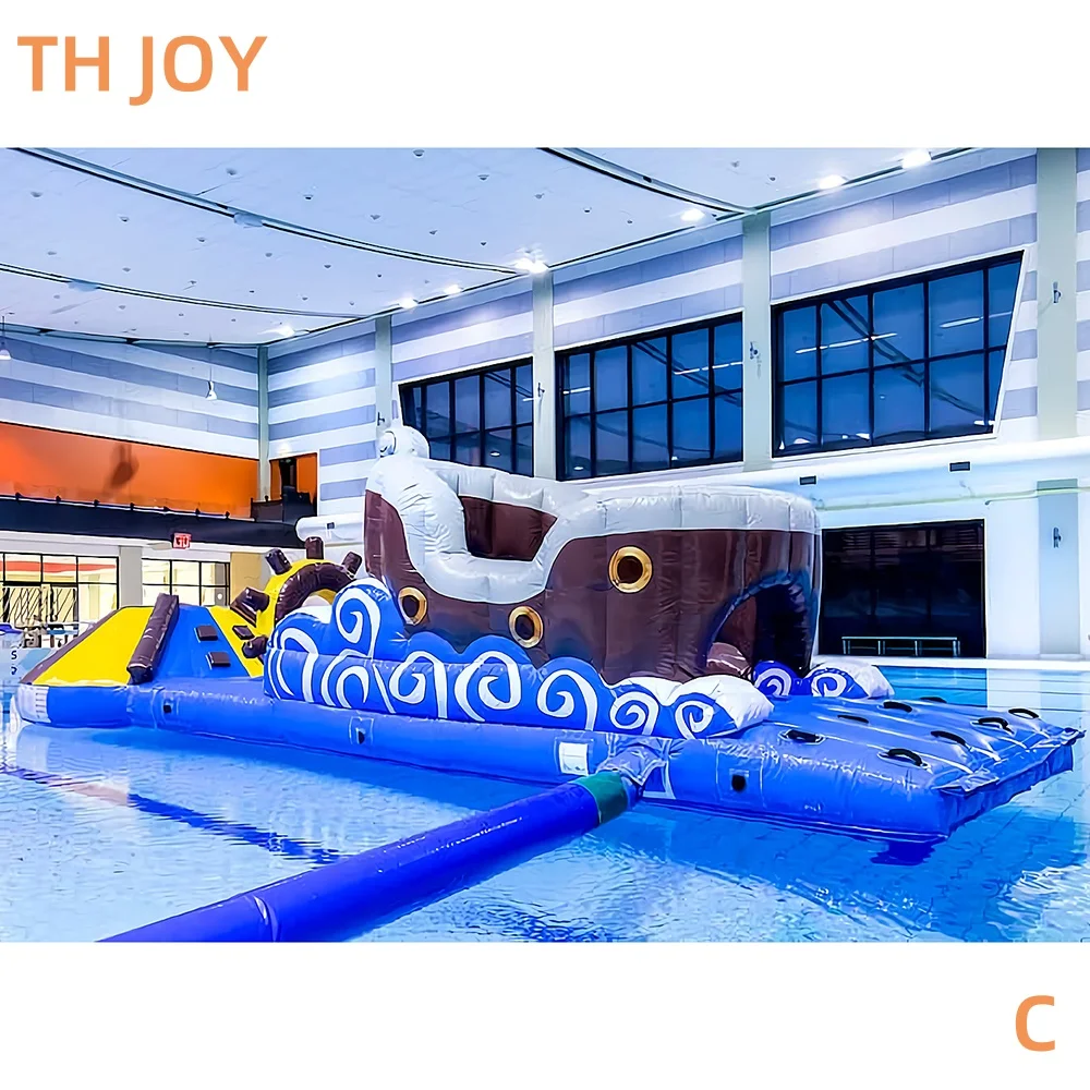 Por navio à porta, curso inflável de obstáculos de água flutuante, curso de obstáculos inflável comercial de navio pirata na piscina
