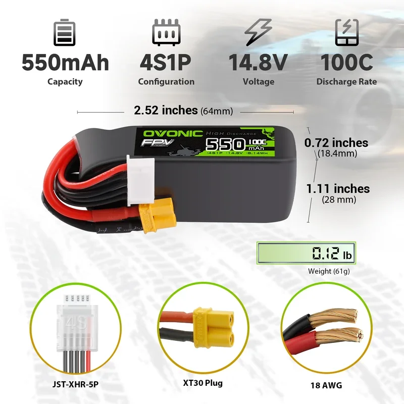 OVONIC 2S Lipo Battery 50C 450mAh 7.4V with JST Connector for RC Airplane Helicopter Quadcopter FPV Racing Drone