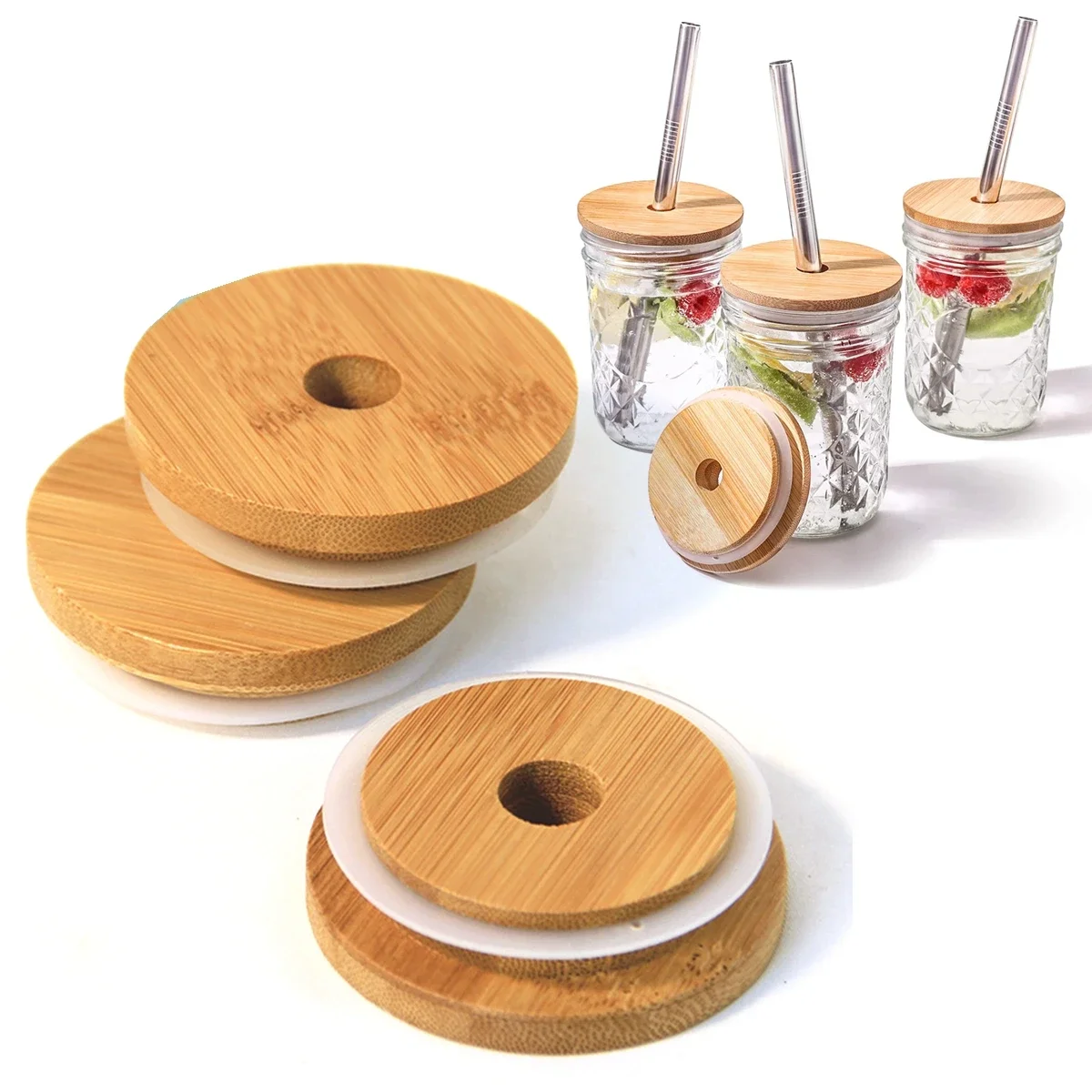 Couvercles en bois de bambou réutilisables avec trou de paille, couvercle Mason Jar, anneau d'étanchéité en silicone, bouchon de tasse à large bouche, 62mm, 68mm, 70mm, 86mm