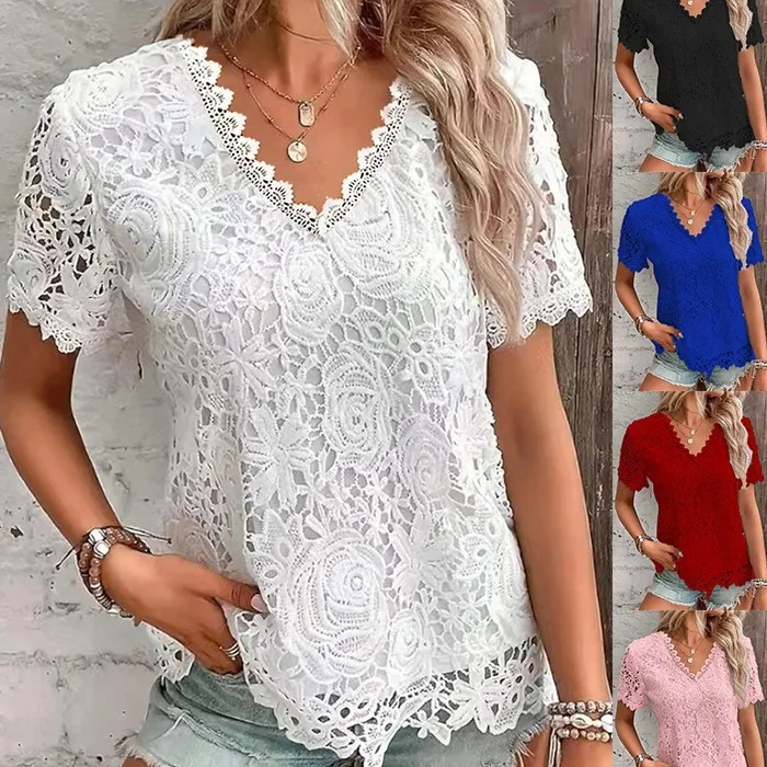 Elegant Lace Tee Shirt Women Vintage Solid Color Short Sleeve V-Neck T-Shirt Streetwear Ladies Casual Fashion Basic T-shirts