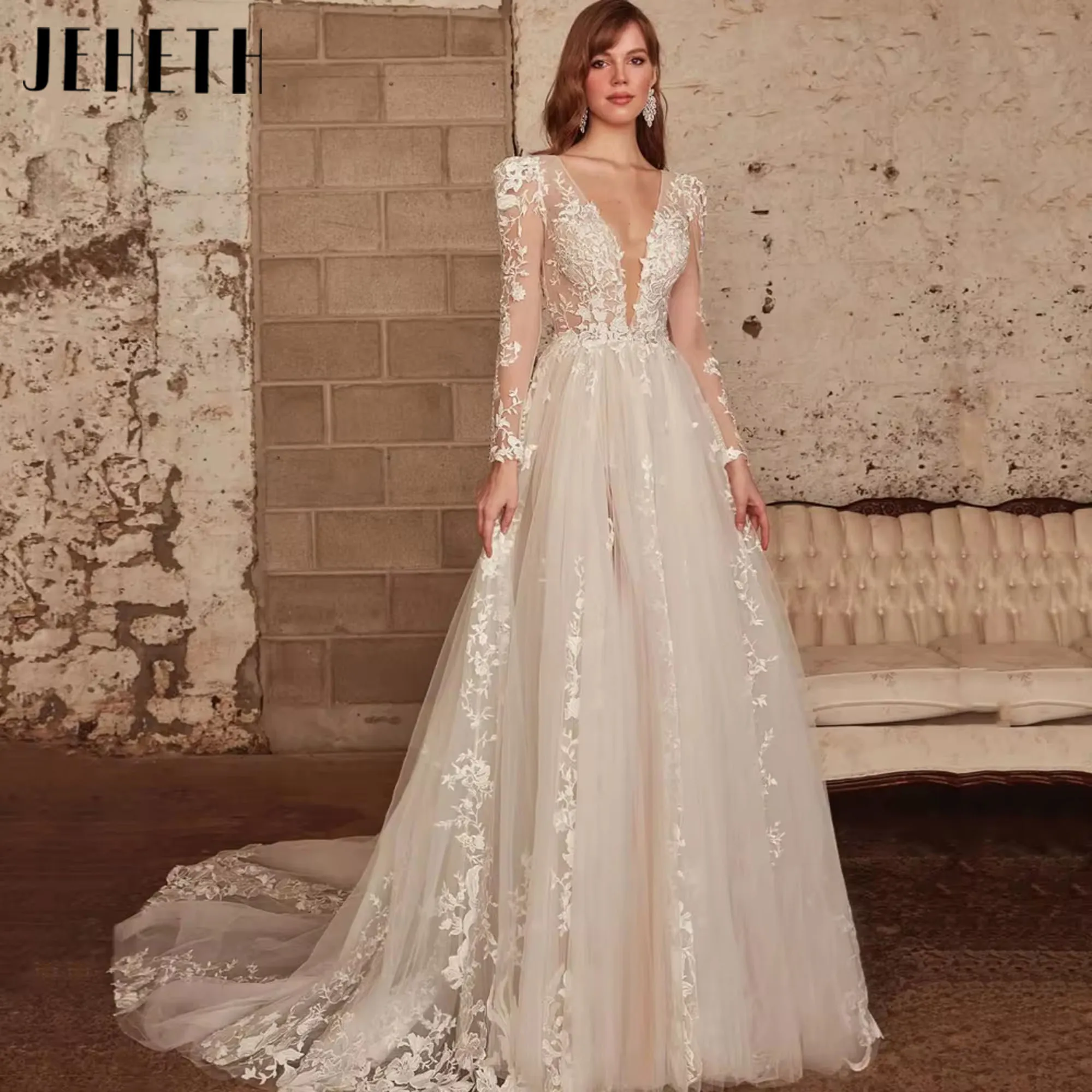 

JEHETH Exquisite V Neck Applique Wedding Dress Long Sleeve Bride Dress A Line Bridal Gown Vestidos De Novia Customized